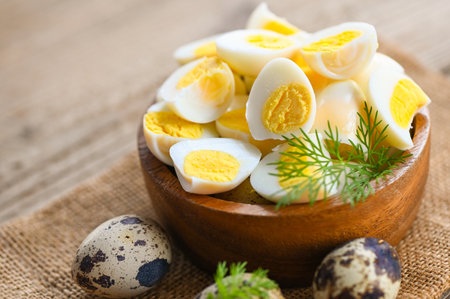 boiled eggs food, quail eggs on wooden bowl, breakfast eggs with fresh quail eggs and vegetable lettuce on table backgroundの写真素材
