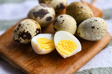 boiled eggs food, quail eggs on wooden plate, breakfast eggs with fresh quail eggs on table backgroundの写真素材