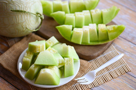 cantaloupe thai slice fruit for health green cantaloupe thailand, cantaloupe melon on plate woodenの写真素材