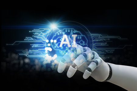 robot ai with hand robot pointing AI technology digital graphic design black background, AI machine learning hands of robot science and artificial intelligence technology innovation and futuristicの写真素材