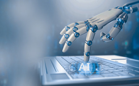 robot ai with hand robot on keyboard AI technology digital graphic design black background, AI machine learning hands of robot science and artificial intelligence technology innovation and futuristicの写真素材