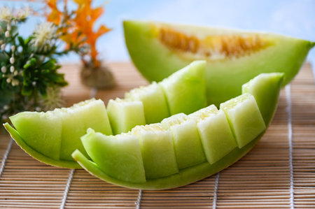 cantaloupe thai slice fruit for health green cantaloupe thailand, cantaloupe melon on wooden plateの写真素材