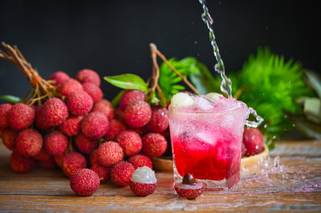 lychees on table, fresh ripe lychee fruit tropical fruit lychee juice drink with sweet soda in glass...