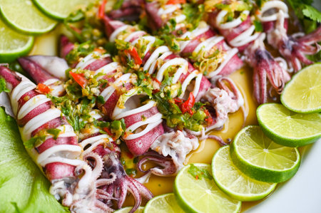 Steamed squid with lemon spicy chili and lemon sauce squid steamed with lime, Thai food seafood plate with herb and spices - top viewの写真素材