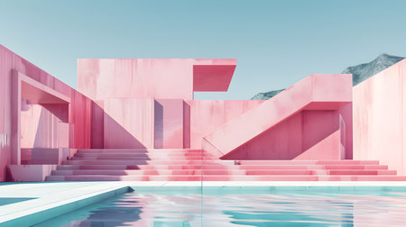 A unique and modern pink building with colorful stairs in the style of saturated pigment pools and geometric minimalist sculptures makes for a striking and artistic architectural structureの素材