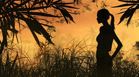 A silhouette of a woman standing in a field gazing at the sunrise in the style of exotic flora and fauna creating a sense of adventure and mystery in the tropical landscapeの素材