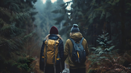 A couple is exploring a snow-covered forest trail enjoying a winter adventure togetherの素材
