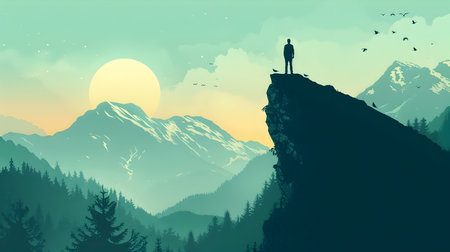 A man stands fearlessly on a cliff overlooking a vast mountain range at sunrise in this charming and hauntingly beautiful illustrationの素材