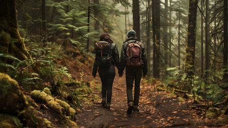A couple is hiking through a forest trail with backpacks in a style of dark emerald and bronze showcasing an emotionally complex nature adventureの素材