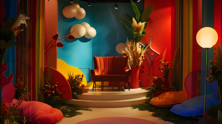 A bright and colorful room with flower petals scattered on the floor featuring chairs and pillows in a dream-like landscape perfect for adding a touch of whimsy to any design projectの素材