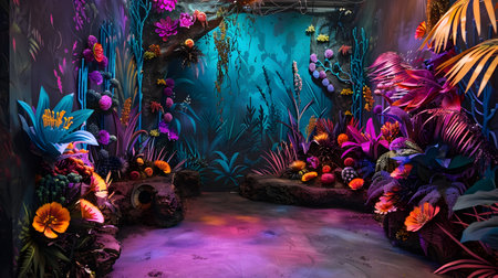 Explore the vibrant and colorful world of underwater sea life in a jungle-filled hallway decorated pond and spooky dungeon all in the style of hyperrealistic marine life at the Sea Life Garden in California Adventureの素材