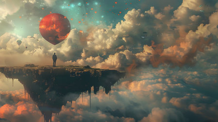 A digital art illustration of a man standing on a cliff beside a red balloon on a floating island in the sky with a dreamlike and surreal atmosphereの素材