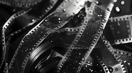 A black and white photograph of film strips scattered on a plate with a rain effect in a film noir aestheticの素材