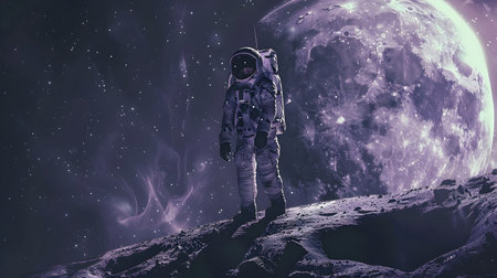 An astronaut stands in front of the moon on a rock with a purple background and monochromatic style showcasing a mystical interpretation of space explorationの素材
