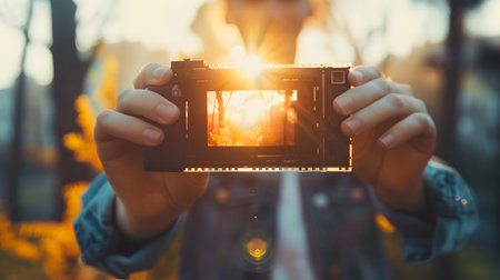 A person holding an old digital camera capturing the suns rays during sunset in a miniature diorama style highlighting the technology and nature in harmonyの素材