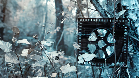 This image features a film reel integrated in various forest settings such as leaves trees and plants in a range of styles including dark white and light aquamarine blue print on tree floral surrealism and dark aquamarine and gray It is a unique and artistic representation of nature and photography with a touch of surrealism and bohemian flairの素材