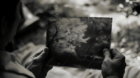 A man is seen looking at an old black and white photograph of a tree in the style of wet plate negatives evoking a sense of nostalgia and memories of the pastの素材