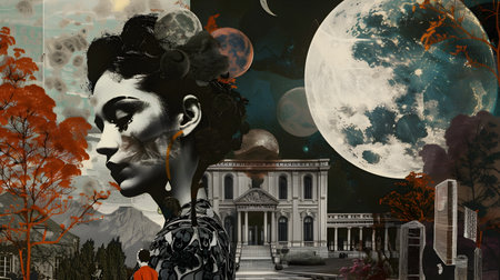 A woman in a black dress posing next to a full moon in the background digital art style of textural elements and collages with trees and buildings in the backdropの素材