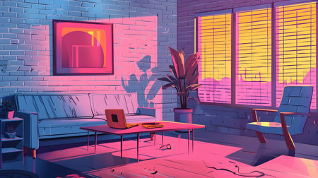 This synthwave living room features a laptop and table a brown couch and is designed in the style of neon-infused digitalism and 80s nostalgia making it perfect for technology and modern design enthusiastsの素材