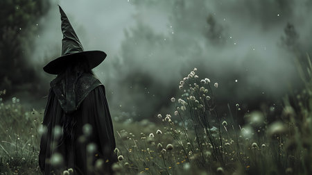 A witch with a hat and long hair is walking through a foggy forest in a style of realistic and hyper-detailed renderingsの素材