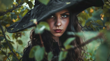A young girl with a witch hat is hiding in the trees creating an enigmatic portrait in the style of social mediaの素材