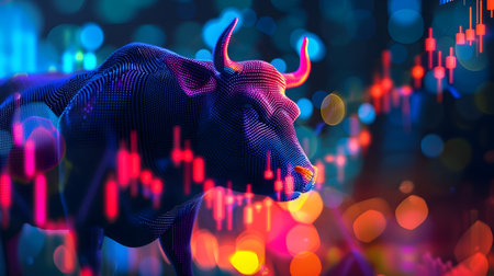A bull standing by a light colored chart in the style of futuristic chromatic waves This illustration captures the stock market growth and financial trends in a modern and innovative wayの素材