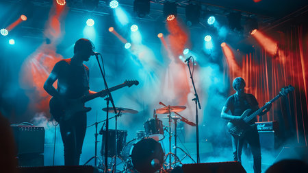 Two bands playing music on stage with atmospheric color washes and blue and yellow lights in the style of lo-fi aesthetics and gauzy atmospheric landscapesの素材