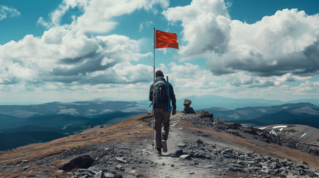 A man on a hiking adventure carrying a red flag in a dystopian landscape showcasing the beauty of nature and solitudeの素材