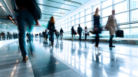 Stylish and dynamic image of business people walking through an airport and train station representing the motion and globalization of modern day corporate cultureの素材