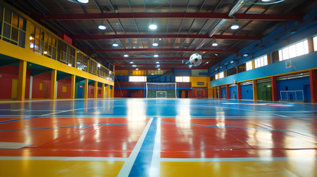 A well-maintained basketball court in a gymnasium featuring a shiny blue floor and colorful walls at the end of the court The style of bright and saturated colors adds a dynamic and energetic feel to the image making it perfect for representing sports and recreation activitiesの素材
