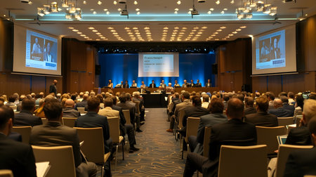 A large convention hall filled with people sitting in chairs and listening to a speaker during a public business meeting in the style of dark beige sky-blue and light bronzeの素材