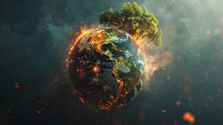 This conceptual digital art features a fiery depiction of Earth with a lone tree symbolizing the impact of climate change on our planet The dreamlike illustration style adds a surreal touch to the image making it a unique and thought-provoking visualの素材