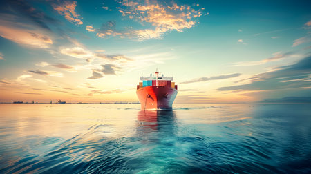 A red cargo ship travels on the ocean at sunset with a light turquoise and amber color style The container ship is on the ocean during sunset in the style of light turquoise and red An ocean blue sky and red container ship float in the sea in the style of light amber and turquoise A large container ship is in the ocean with clouds over it in the style of saturated color fieldの素材