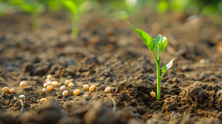 A new plant of corn is growing in the soil next to some crops in the style of light orange and white This uhd image showcases the growth of a plant and seeds in the fieldの素材