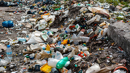 An image depicting a pile of plastic waste and garbage on the ground in the style of translucent water showing the crisis of pollution and the need for sustainabilityの素材