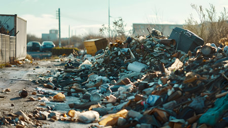A big pile of garbage in a city alley in the style of light sky-blue and dark amber representing the issue of waste management in urban areasの素材