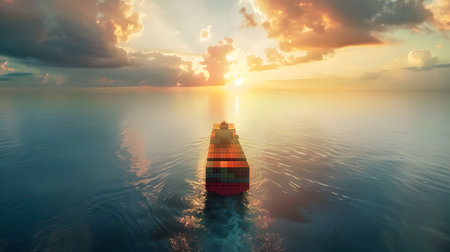 A container ship sailing through the ocean at sunset in a realistic style The vast sea and sunset sky create a serene and peaceful atmosphere in this imageの素材