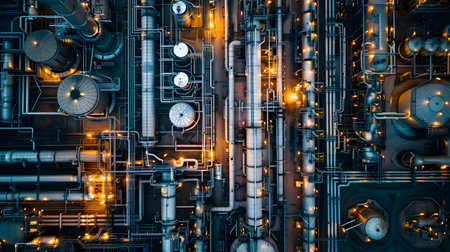 A detailed and intricate image of an industrial chemical plant with bright lights and pipelines in the style of complexity theory and futuristic sci-fi aestheticの素材