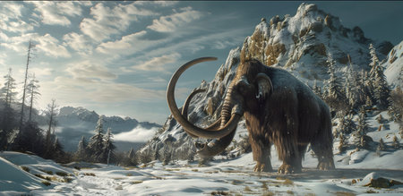 Realistic woolly mammoth in a snowy field rendered in unreal engine suitable for movie poster or gaming graphicの素材