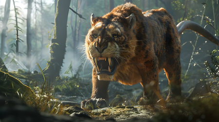 A powerful tiger or lion is walking in a beautiful and vividly colored natural environment in the style of Unreal Engine and Manticoreの素材
