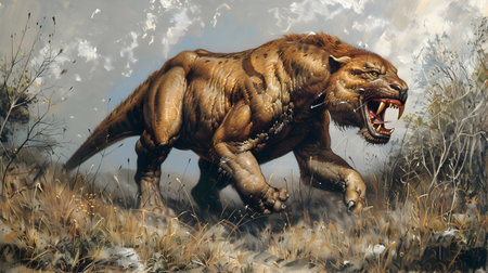 A fierce illustration of a tiger and a tyrannosaurus both shown in their natural habitats and ready for battleの素材