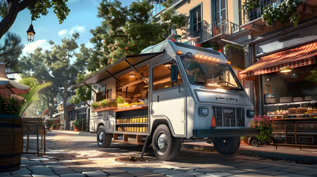 An illustration of a white metal food truck parked on a small white street in an urban setting Created in the style of realistic fantasy artwork this piece showcases a narrow street in a small city in the style of realistic and hyper-detailed renderiの素材