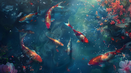 A stunning hyper-realistic painting of a group of koi fish swimming playfully in a pond filled with flowers and coral The vibrant colors and lifelike details make this piece a true masterpiece of visual art Perfect for adding a touch of tranquility aの素材