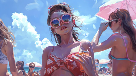 A group of college students enjoying their spring break vacation on a beach having fun and partying under the sunの素材