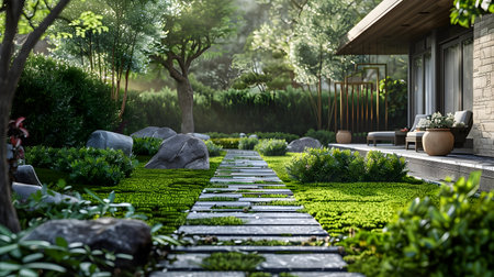 A well-designed landscaping project featuring a variety of plants mulch and hardscapes including a patio walkway and landscape lightingの素材