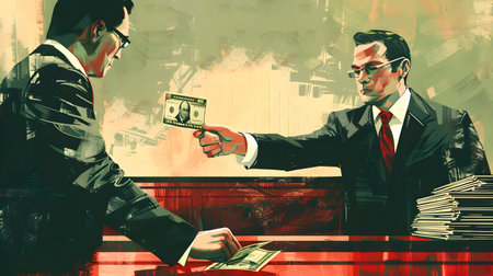 Two men in suits are shown in the style of graphic novel art and pop-art-inspired illustrations standing in front of a money HD wallpaper and sitting at a desk with money in their hands depicting a financial transaction in high definition with realisの素材