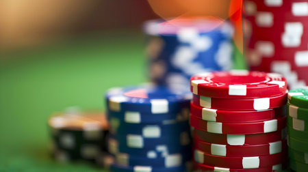 A close-up shot of a pile of vibrant poker chips on a green table evoking a sense of luck and entertainment in the style of tilt-shift photography and lensbaby velvet 56mm f16の素材