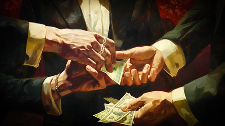 A painting depicting a handshake between two hands both holding money in the style of oil on panel and realist detail Conveys a message of politics and wealth transferの素材
