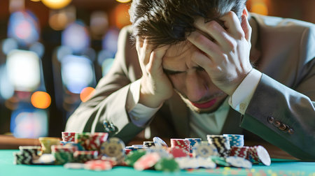 A man standing at a casino table lost in thought and consumed by his gambling struggles and emotions Jagged edges and a torn style depicting his inner turmoilの素材