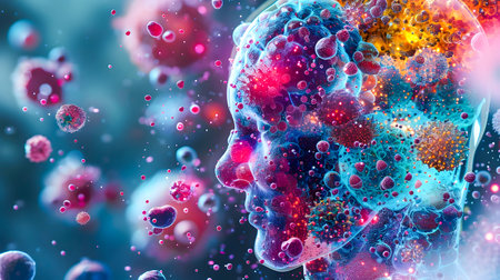 This image depicts a stylized human head with bubbles surrounding many different colored balls in the style of cellular formations It also shows biosensors neurofeedback and data analysis in human brain research Additionally it shows a brain with sevの素材
